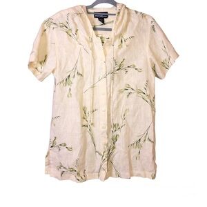 Positive attitude Vintage linen Floral Button Hooded‎ Shirt Yellow Cream medium